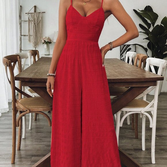 Red Boho Women's V-Neck Backless Bowknot Strap Jumpsuit - Picture 4 of 6